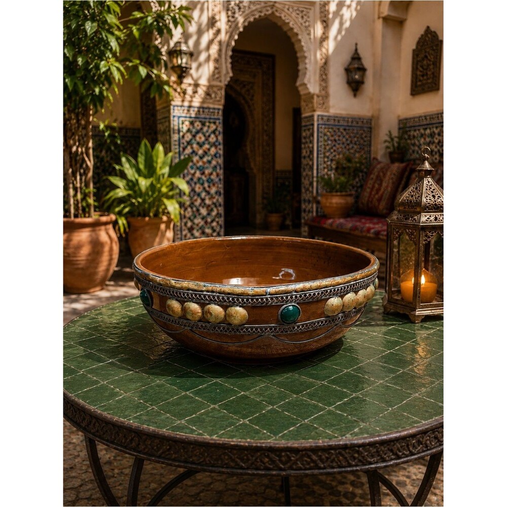 Moroccan Ceramic Bowl  Nickel Silver Filigree Overlay Jewels Moorish Polychrome